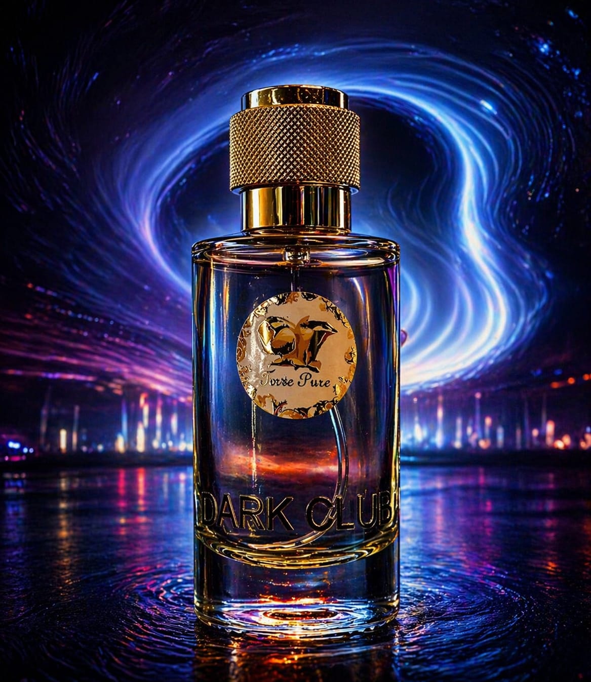 "Dark Club" Perfume bottle with gold cap on a reflective surface with a cosmic background