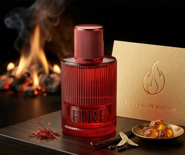 Red perfume bottle labeled 'FIRE' with a fireplace in the background