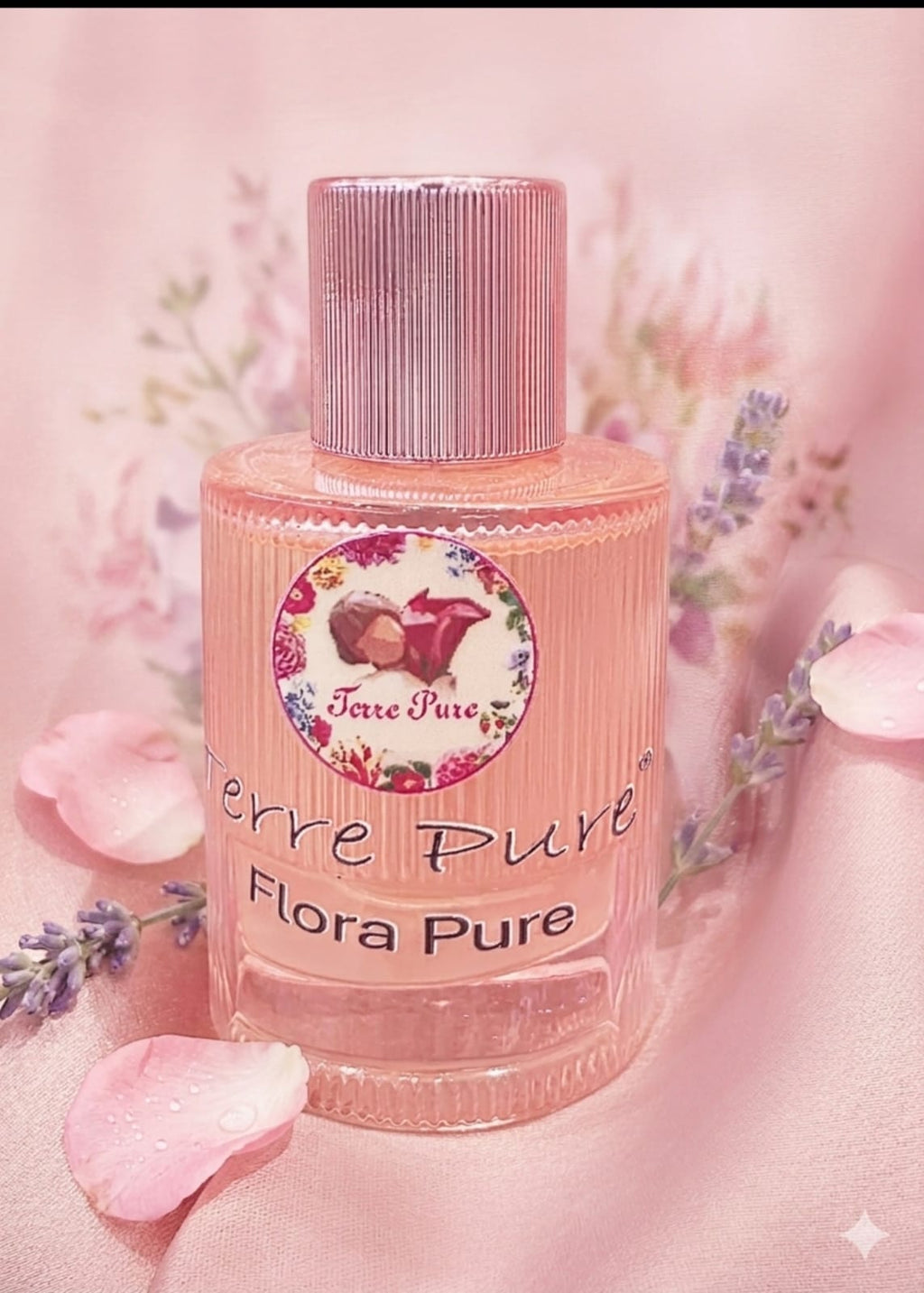 Pink bottle of Flora Pure with floral design on a pink background