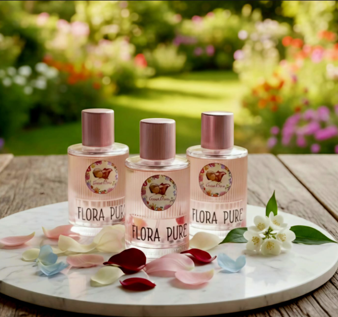 Three Flora Pure perfume bottles on a marble tray with flowers and petals, garden background