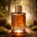 Perfume bottle labeled 'Misty Woods' with a forest background