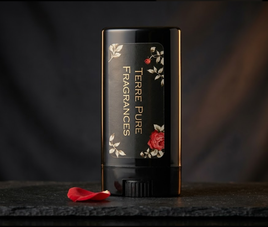 Black perfume bottle with floral design on a dark background