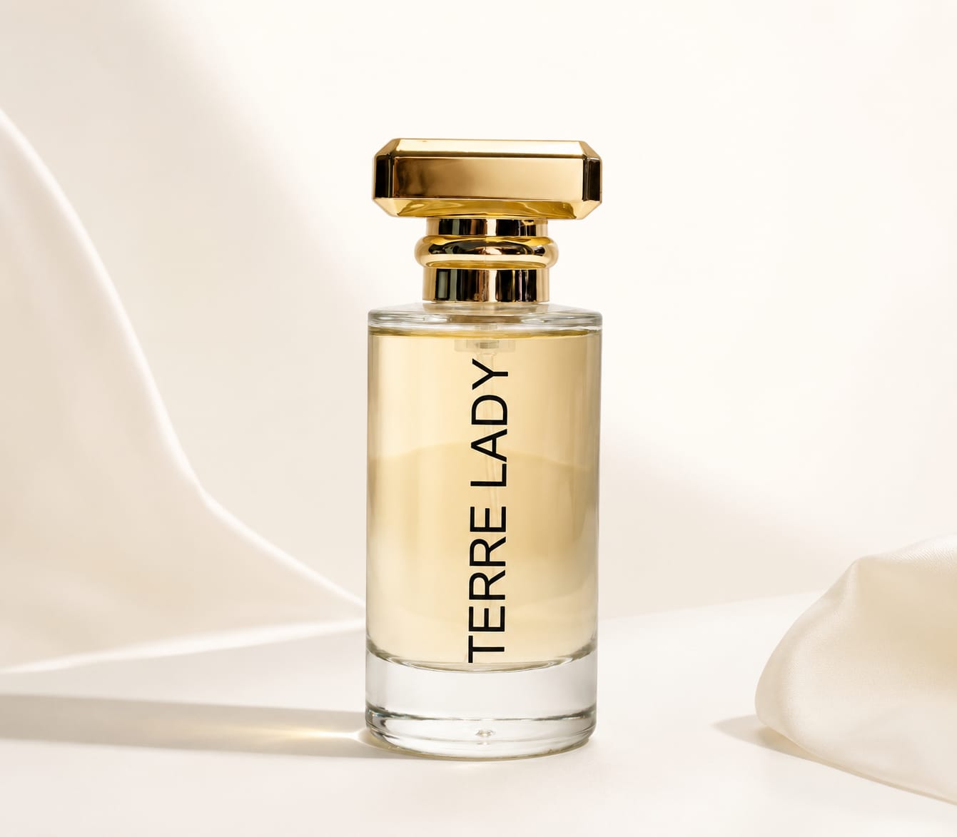 Perfume bottle labeled 'Terre Lady' with a gold cap on a light background