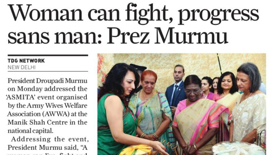 Newspaper article with a photo of a Indian President Murmu speaks to Terre Pure Fragrances founder Preetie