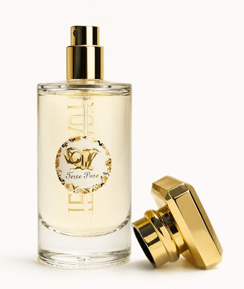 Terre Lady Perfume bottle with gold cap and decorative label on a white background