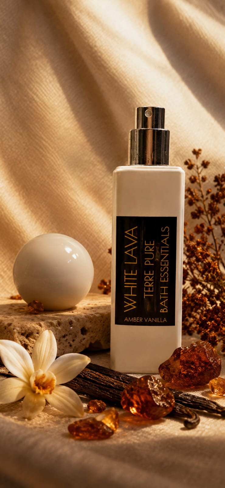White Lava bath essentials bottle with vanilla beans and flowers on a textured background