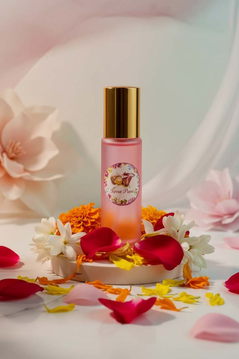 Pink Flora Pure 10ml bottle with gold cap on a white platform surrounded by flowers and petals