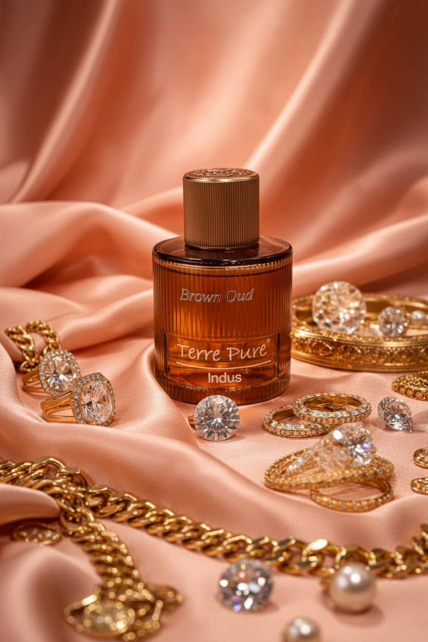 Perfume bottle labeled 'Terre Pure Indus' with jewelry on a pink fabric background
